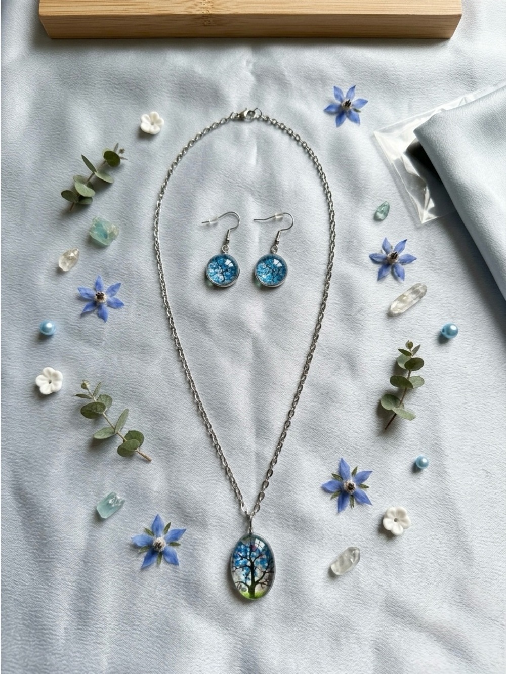 Blue Tree of Life Pendant Necklace and Earrings Set